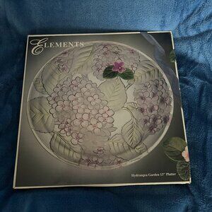 KIG Indonesia Glass Hydrangea‎ Serving Plate/Platter 13" Pink Purple Green VTG